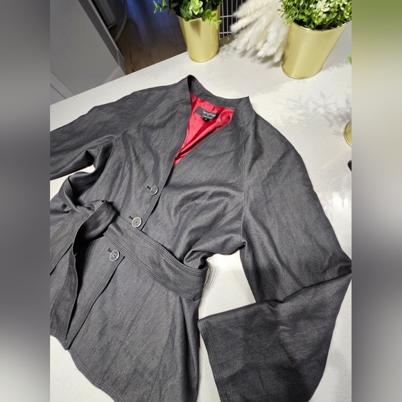 LARRY LEVINE Sublime blazer doublé gris charcoal, ceinture ajustable à la taille - Picture 2 of 7